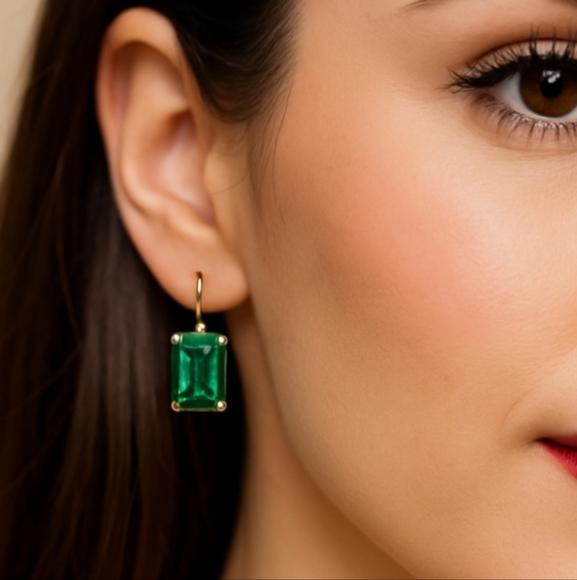14k Gold Plated Synthetic Emerald Earrings - Picture 1 of 9